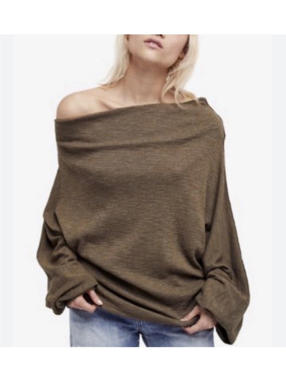 We The Free Skyline Thermal Sweater Top Wmns S Olive Multi Shoulder Slouchy Boho